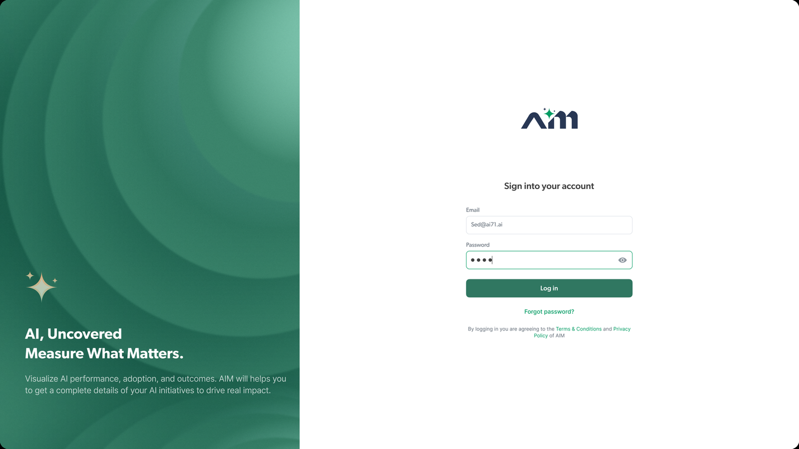 AIM login screen with email and password fields on a sage green split layout