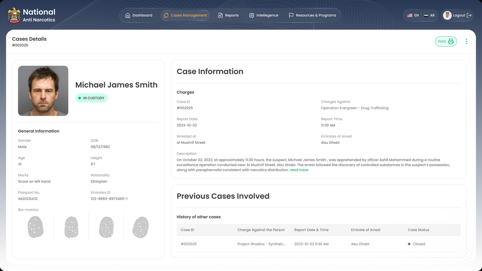Case details screen showing the individual's photo, custody status, general information, biometrics, case information, and previous cases involved