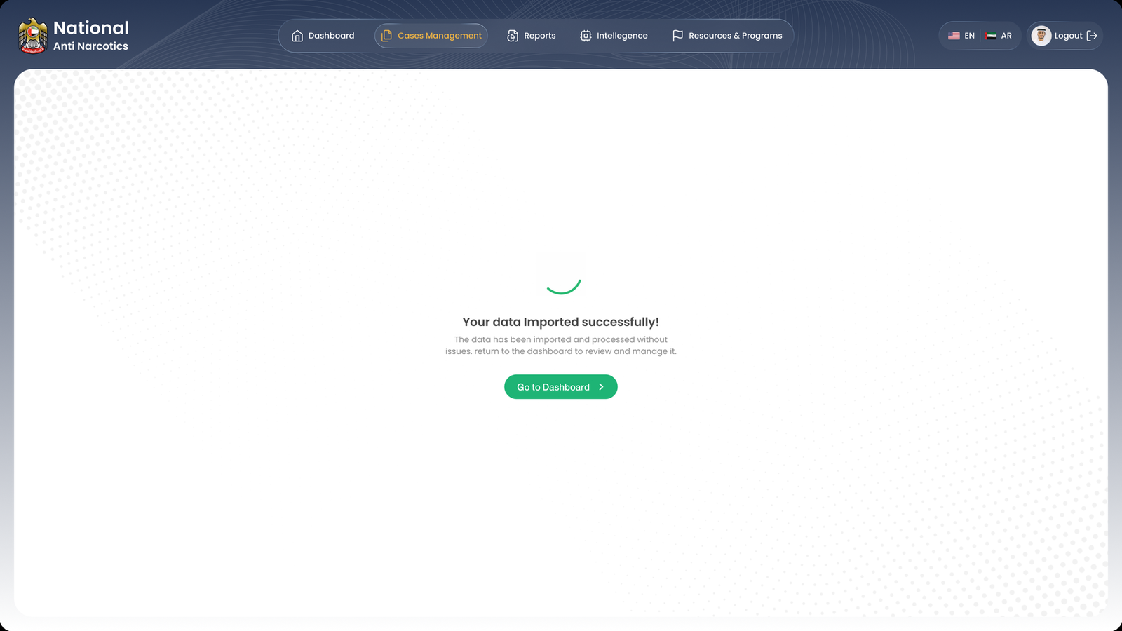 Confirmation screen stating the data was imported successfully with a button to return to the dashboard